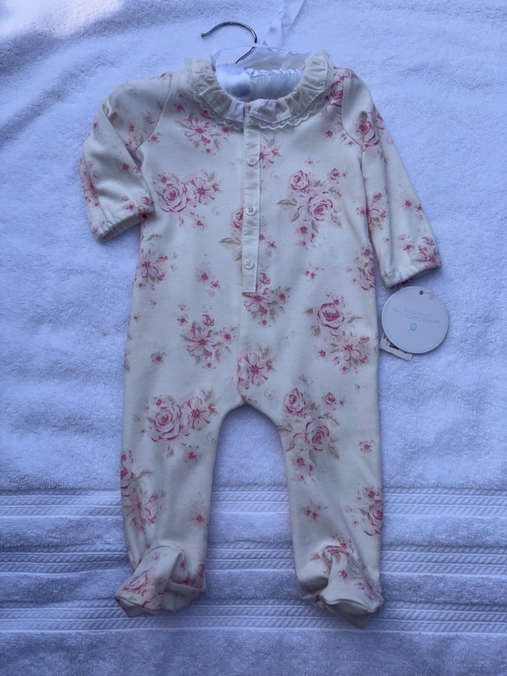 Baby Floral Ruffle Footed One-Piece Romper - Cream with Pink Roses